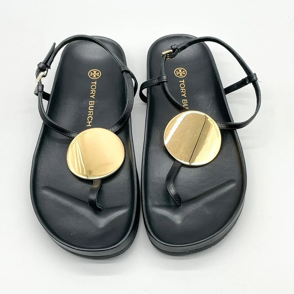 Tory Burch Patos Disk Sandals Womens 7.5 Black Leather Thong Slingback Flat Shoe
